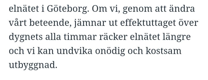 Textutdrag som diskuterar effekttariffer och elnätet i Göteborg.