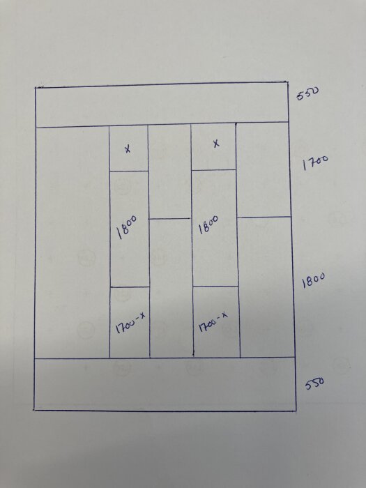 Skiss på skivindelning med mått och sektioner, visar layout för skivkapning med dubbla skarvar.