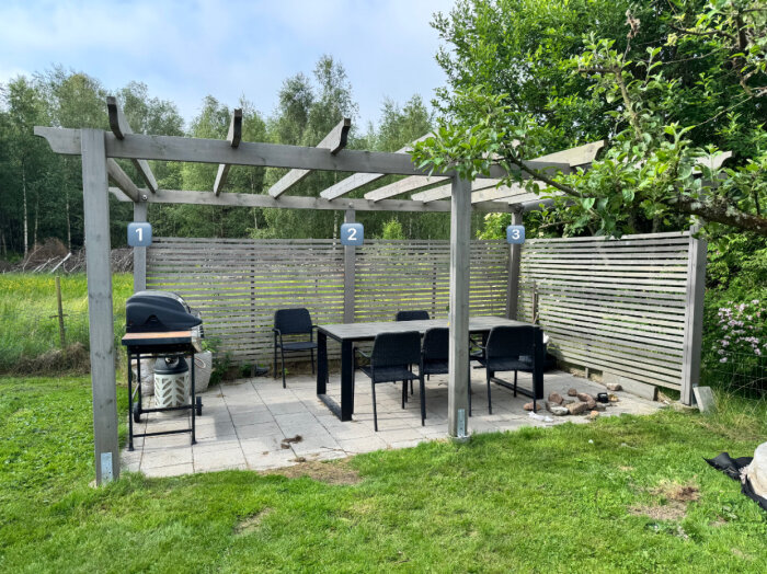 Pergola i trädgård med numrerade stolpar där bakre stolpar, särskilt nummer 3, lutar åt höger. Ribbor i bakgrunden och möbler under pergolan.