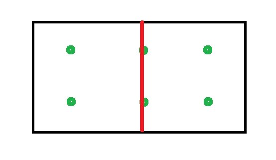 Diagram över badrumsplan, visar en röd linje för bärande vägg som ska ersättas med balk och cirklar för spotlight-placering.