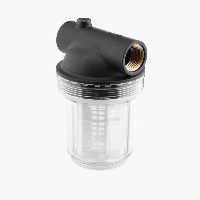 Filterhus med svart plasttopp och genomskinlig behållare, med en gängad anslutning upptill.