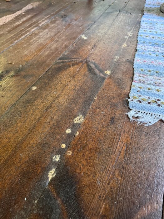 Bräda med runda märken och träskador intill matta, misstänkt husbockangrepp.