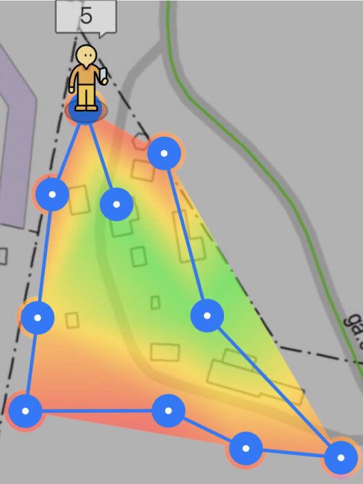 Karta visar WiFi-täckning med färgområde från rött till grönt runt byggnader och vägar, markerat av en serie blå punkter och linjer.