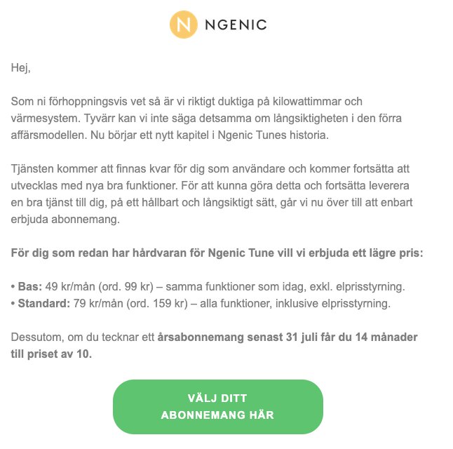 Brev från Ngenic om övergång till abonnemangstjänst för Ngenic Tune med rabatterade priser för befintliga användare och möjlighet att teckna årsabonnemang.