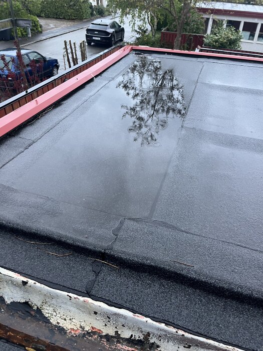 Platt tak med vattenpöl och grop, reflektion av träd i vattnet. Takets kanter är täckta med röd plåt och omgivningen visar bilar och grönska.