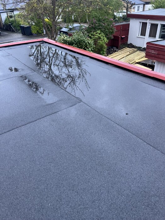 Platt tak med vattenpöl och trädreflektion, omgiven av träd och byggnader. Taket har en grop och bubblor syns på ytan.