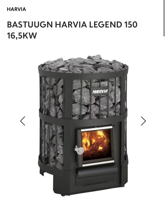 Bastuugn Harvia Legend 150, 16,5 kW, svart med stenar på toppen och eldstad nedtill, används för bastubygge enligt inlägg.
