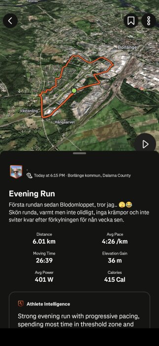 Karta över en löprunda i Borlänge. Distans: 6,01 km, tempo: 4:26 min/km. Beskrivning om att springa efter Blodomloppet och återhämtning från förkylning.