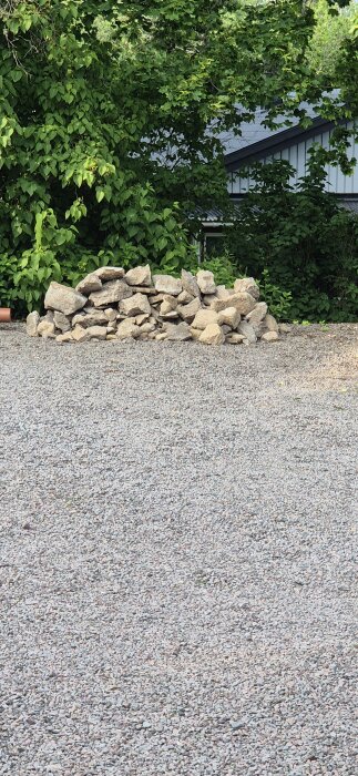 Stenhög ligger på grusplan framför en grön häck och ett hus.