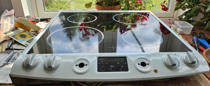 Induktionshäll placerad på ett bord med verktyg och växter i bakgrunden.