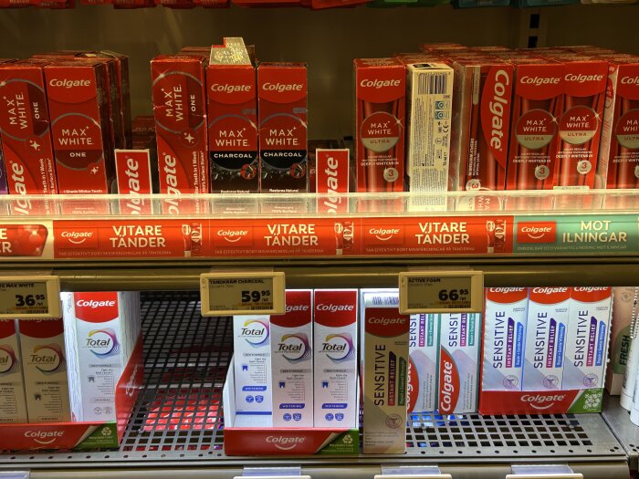 Tandkrämshyllor med Colgate-produkter, vissa i kartonger och andra utan kartong, prislappar synliga.