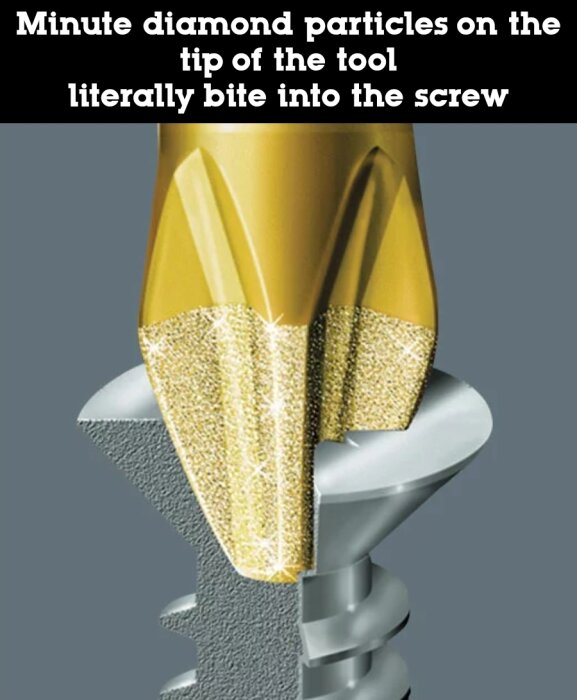Wera Diamond bits med diamantpartiklar greppar en skruv, förstorar verktygsspetsen med partiklar synliga.