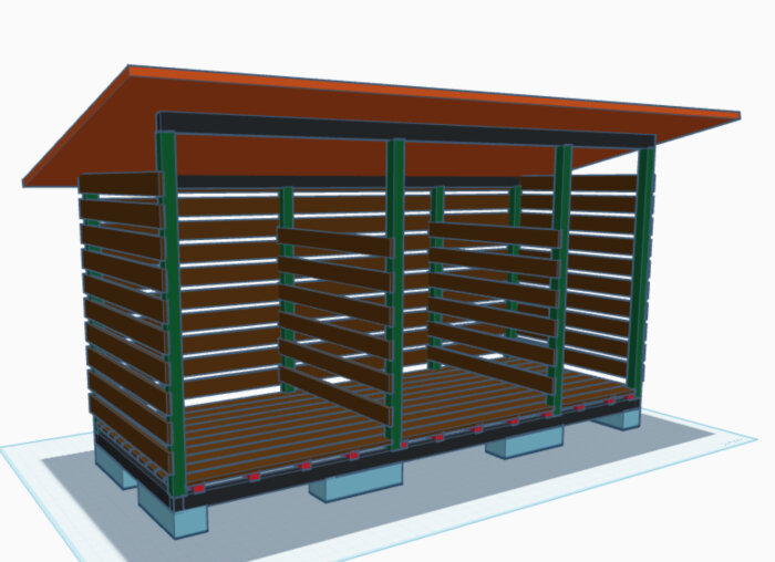 Digital modell av ett skjul med träpaneler och ett sluttande tak. Grunden består av lecablock, och takreglar saknas i bilden.