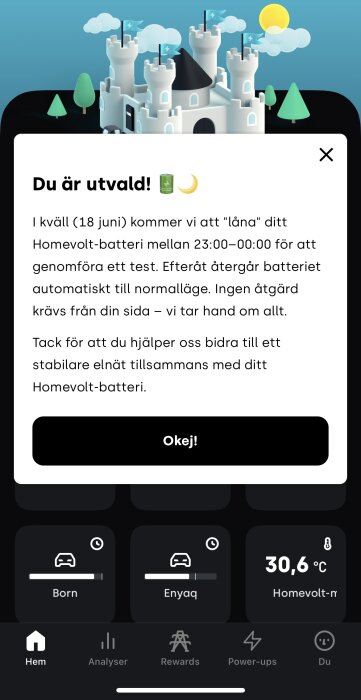 Bild av en appnotifikation som informerar om test av Homevolt-batteri mellan 23:00-00:00 med slott och ikoner för batteri och måne.