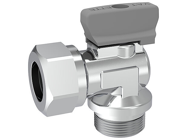 Kromad vinkelkulventil från Vatette med grått vred, inbyggd backventil, 15mm klämring, RSK 5495144, för koppar, rostfria och PEX-rör.