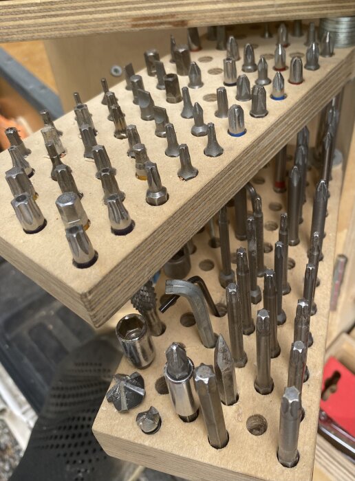 En låda fylld med olika skruvbits ordnade i träställ, inklusive Torx och Phillips.