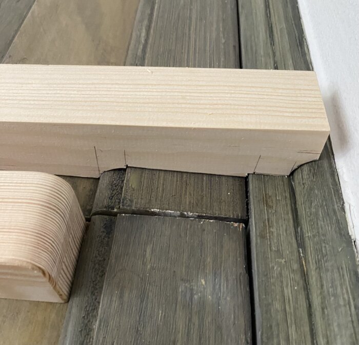 Lister i trä ligger på golvet, delvis kapade för anpassning mot profiler. Bakgrund av mörkare träpanel.