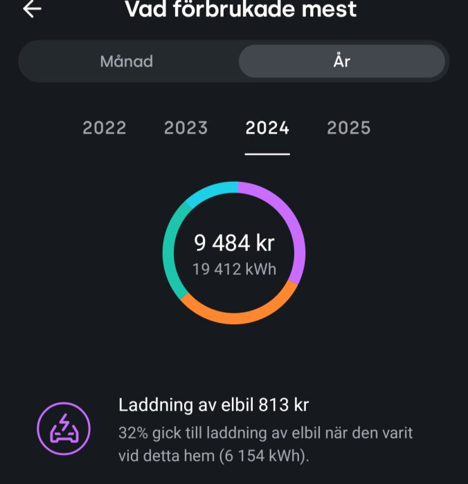 Diagram över elkostnad 2024 visar 9 484 kr och 19 412 kWh, varav 32% (813 kr) gick till elbilsladdning hemma, totalt 6 154 kWh.