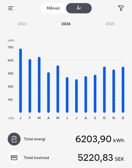 Graf över elkonsumtion 2024, med staplar för varje månad. Total energi 6203,90 kWh och kostnad 5220,83 SEK.