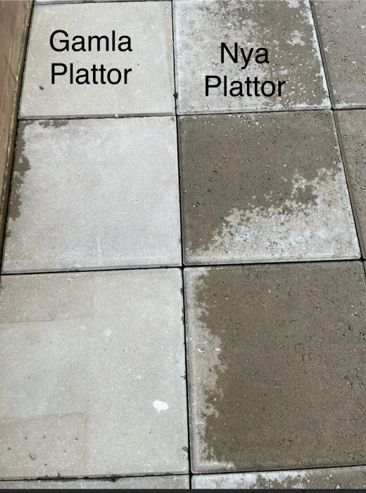 Bild som visar en jämförelse mellan gamla och nya plattor. Gamla plattor ser slätare ut medan nya plattor är porösa på ytan.