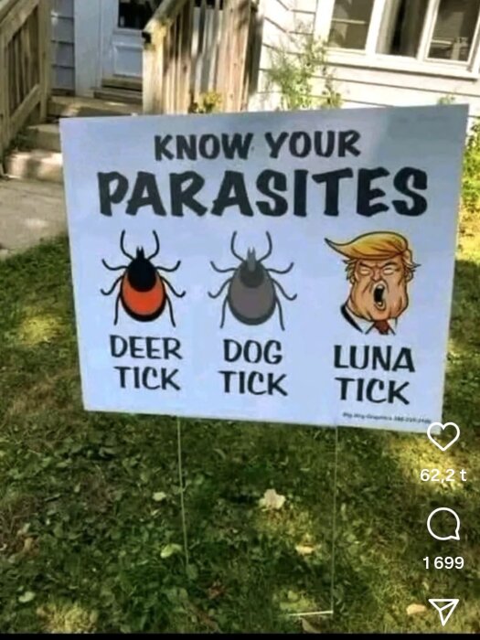 En skylt i trädgård med texten "Know Your Parasites" och tecknade bilder av olika typer av fästingar, varav den sista har ett stiliserat ansikte.