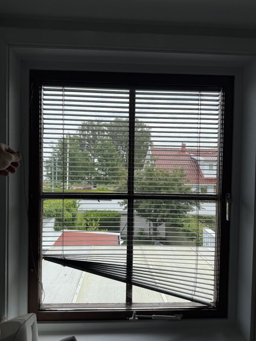 Persienn med trasigt snöre, hänger ojämnt i fönstret.