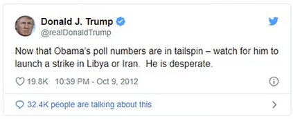 Tweet av Donald J. Trump från 2012 om Obamas opinionssiffror och potentiella militära åtgärder i Libyen eller Iran.