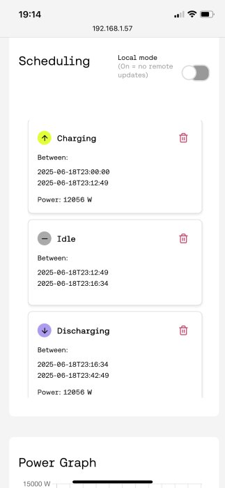 Schemaläggning av laddning, viloläge och urladdning med tidsintervaller och effekt på 12056 W, visad på en enhetsskärm.