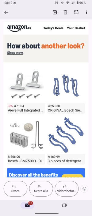 Amazon-rekommendationer för diskmaskinstillbehör med bilder av reservdelar och priser. Text: "How about another look?