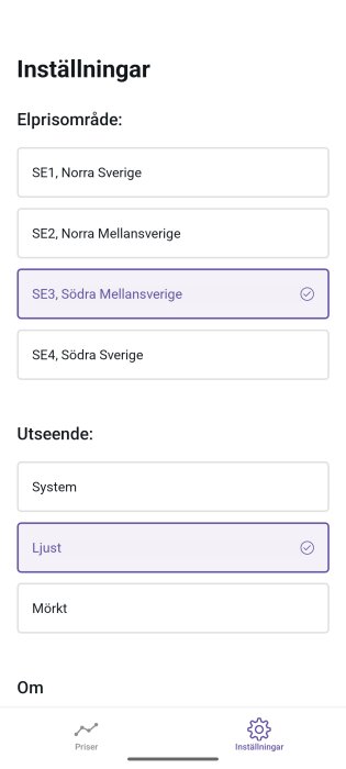 Appens inställningssida med val för elprisområde i Sverige och utseende. SE3 och ljust tema är markerade.