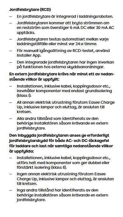 Installationsmanual för Easee Charge Up med information om jordfelsbrytare, krav och villkor för användning, säkerhetsföreskrifter och externa skyddsåtgärder.