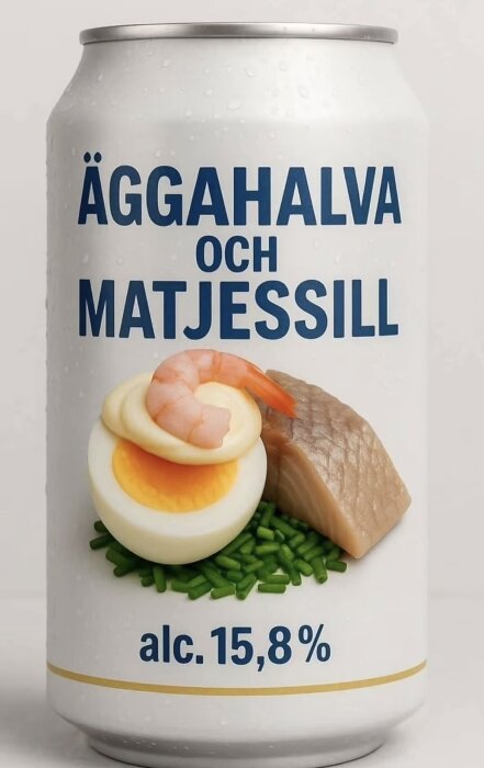 Dryckesburk med texten "Äggahalva och matjessill" samt dekoration av ett ägg, räka och sillbit. Alkoholhalt 15,8%.