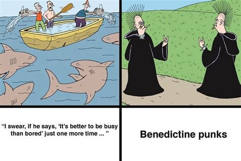 En tecknad bild av en båt med personer paddlande bland hajar, och två benediktinermunkar med punkfrisyrer pratar på land.