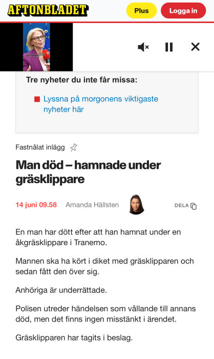 Tidningsartikel om olycka med gräsklippare i Tranemo, där en man avlidit efter att ha hamnat under maskinen.