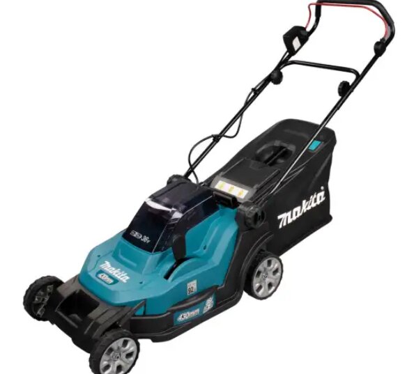 Gräsklipparen Makita DLM432Z med uppsamlare, blå och svart, batteridriven, fotograferad från sidan mot vit bakgrund.