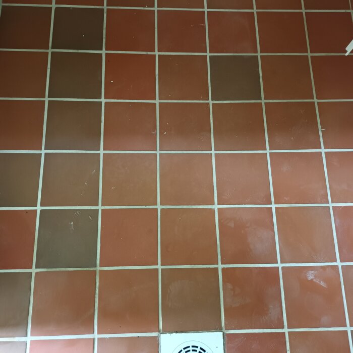 Äldre Höganäs klinkergolv med färgvariationer, bruna och röda nyanser, synliga fogar och en golvbrunn i hörnet.