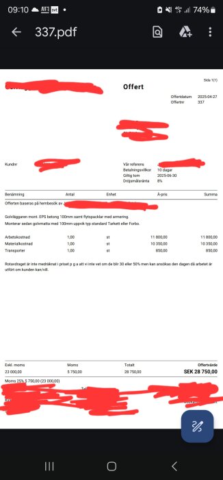 Offert med pris för golvläggning med EPS-betong och flytspackling, totalsumma 28 750 kr inklusive moms, arbetskostnad och materialkostnad specificeras.