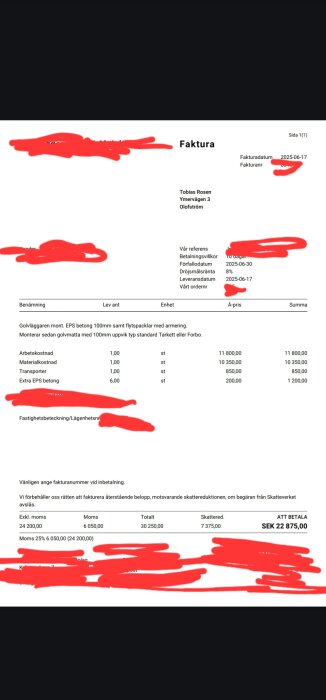 Faktura med arbets- och materialkostnader för EPS-betong, extra post för "extra EPS betong" 1200 kr. Totalbelopp att betala 22 875 kr.