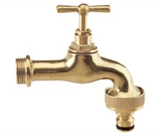 Guldfärgad utomhusvattenkran med T-handtag och gängad anslutning.