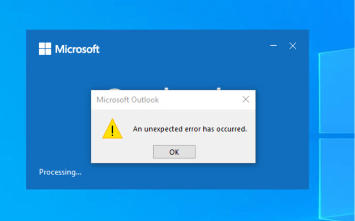 Felmeddelande i Microsoft Outlook: "An unexpected error has occurred.