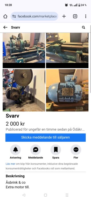 Gammal svarv och motorer till salu, inkl. detaljbilder av mekaniska delar. Svarven är märkt Åsbrink & co och visas från olika vinklar.
