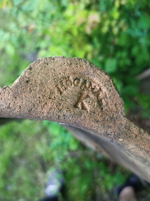 Närbild av en gammal tegelbit med mossa och inskriptionen "Högas..." mot en bakgrund av grönska.