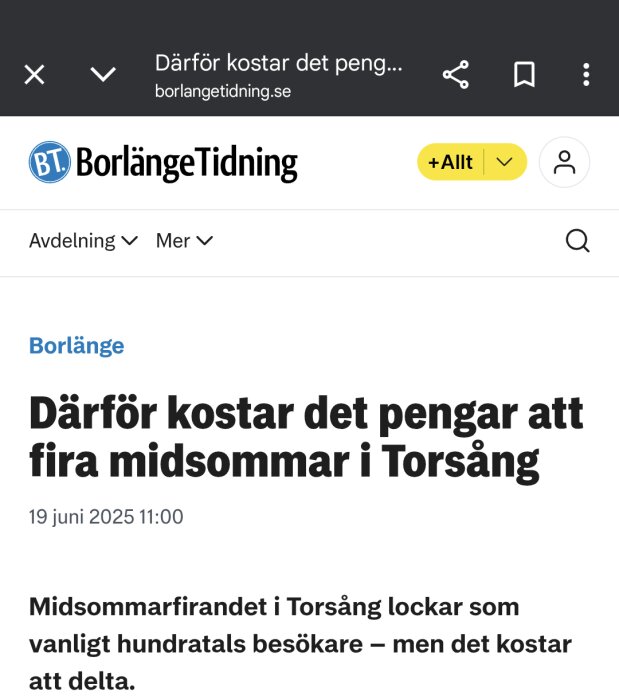 Artikelrubrik från Borlänge Tidning om kostnader för midsommarfirande i Torsång, publicerad 19 juni 2025.
