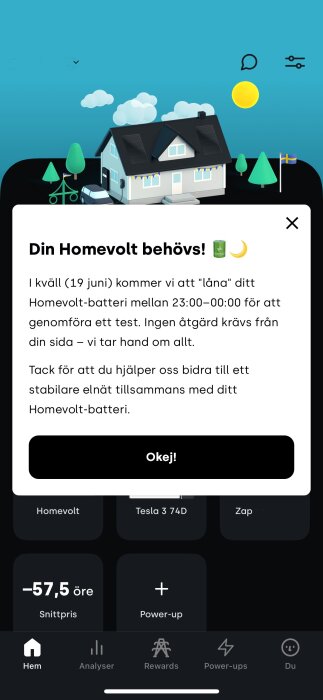 Skärmbild av en Homevolt-app med ett meddelande om att låna batteriets energi mellan 23:00-00:00, illustrerat med ett hus och träd i bakgrunden.