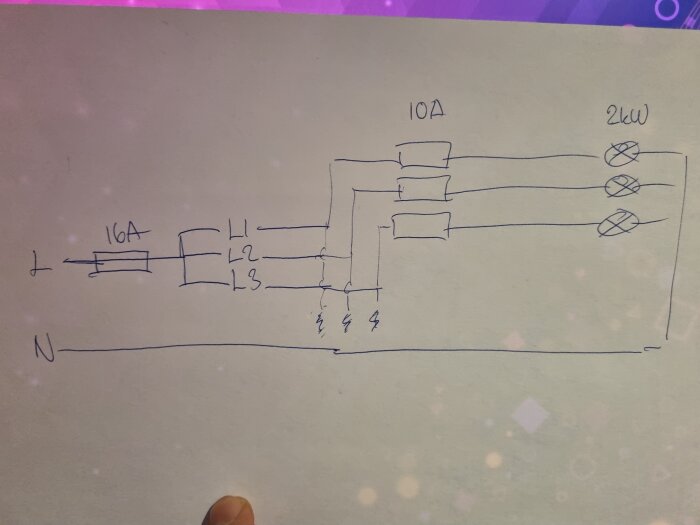 Handritat elschema med säkring på 16 ampere och tre linjer på 10 ampere, samt tre anslutna lampor på 2 kW.