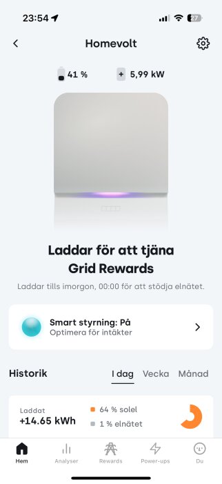 Homevolt-app med batterinivå 41%, laddning med 5,99 kW, smart styrning aktiv, 64% solenergi, och laddningshistorik för dagen.