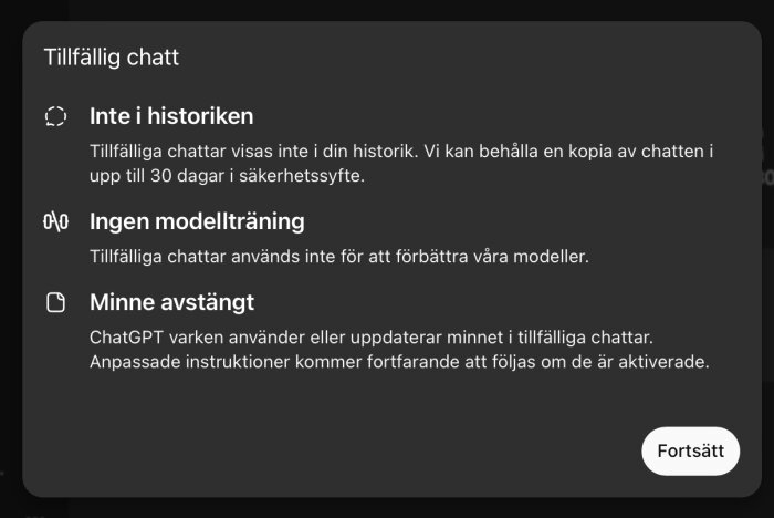 Bild av en dialogruta om tillfällig chatt i ChatGPT, som inte sparas i historiken, används inte för modellträning och har minnesfunktionen avstängd.