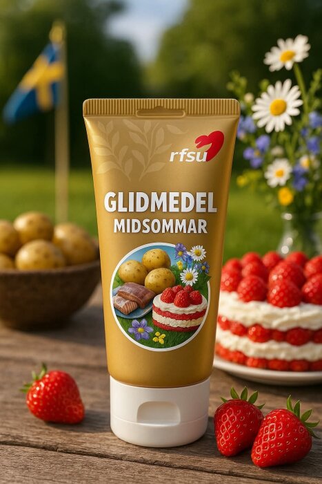 Gul tub med glidmedel "Midsommar" från RFSU på ett bord med jordgubbar, potatis, blommor och en svensk flagga i bakgrunden.