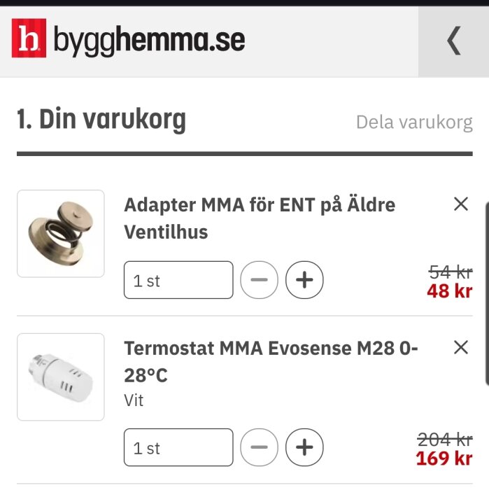 Kundvagn på bygghemma.se med adapter för ENT på äldre ventilhus och vit termostat Evosense M28. Anpassade priser visas.