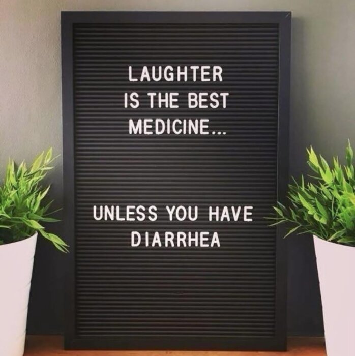 Skylt med texten "Laughter is the best medicine... unless you have diarrhea" bredvid två gröna växter i vita krukor.